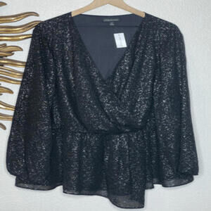 Lane Bryant Black Gold Sparkle Chiffon Surplice Long Sleeve Top Plus Sz 28